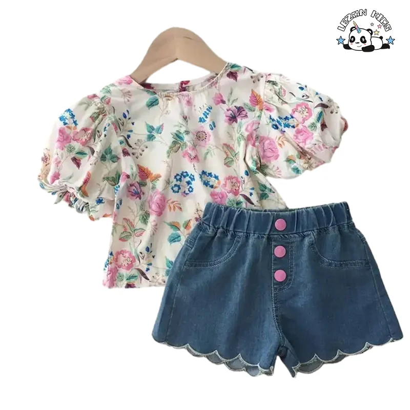 LEZONKIDS - Customized Girls' Clothing Sets Cute Girls Puff Sleeve Top and Denim Shorts Suit